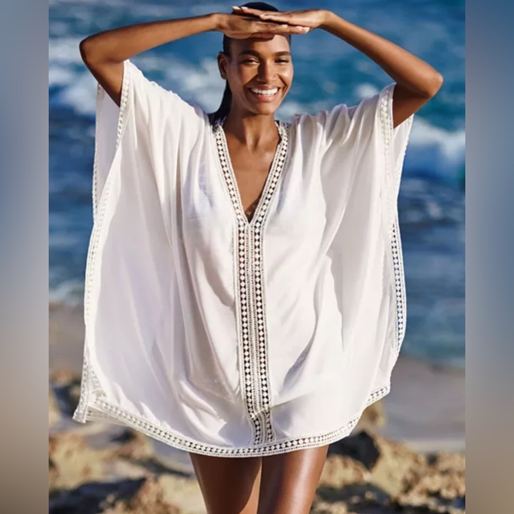 NEW Tommy Bahama Crochet Lace Trim Oversized Swim Cover-Up Tunic Size S White .